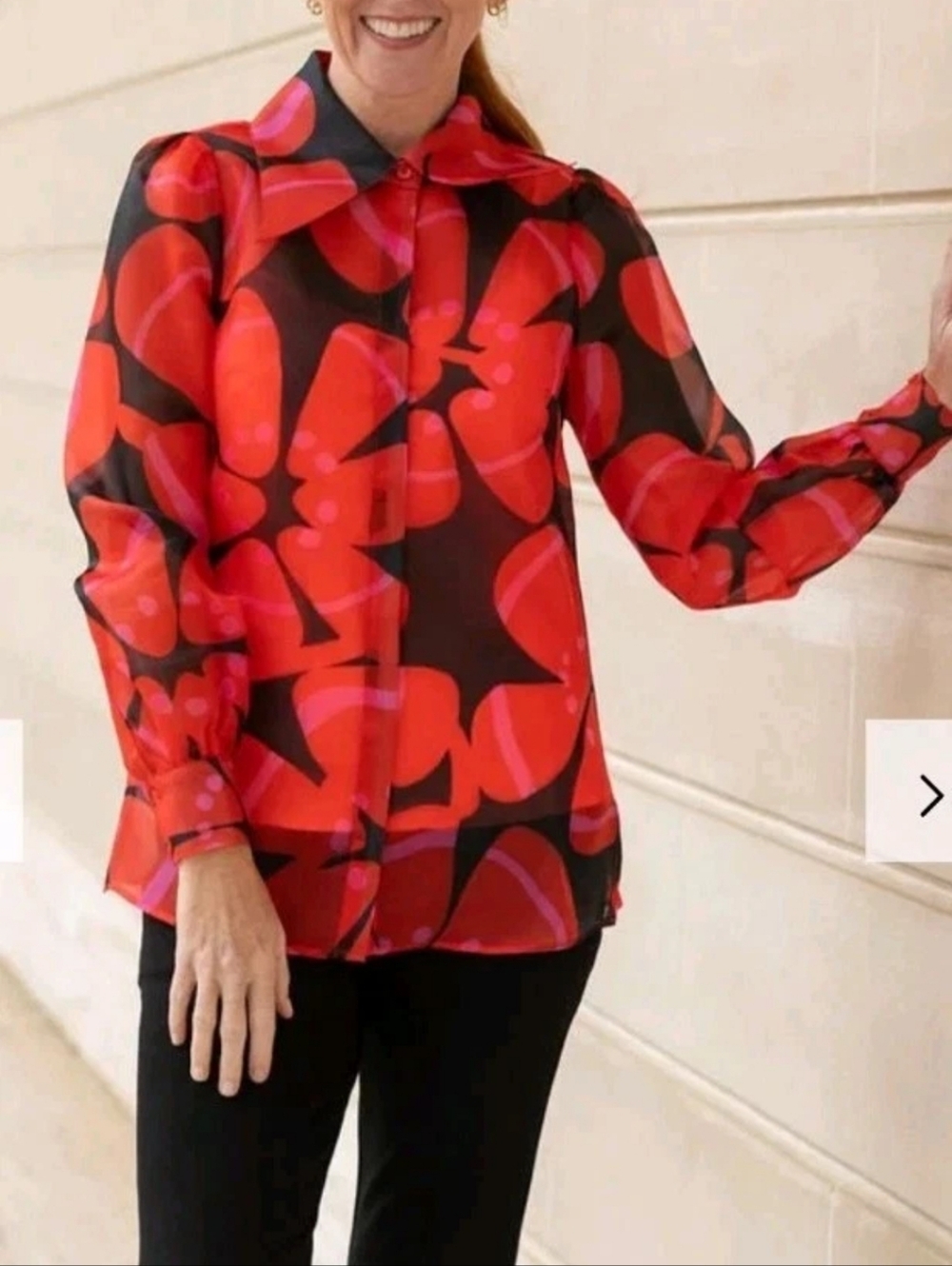 Lesley Evers 1X Organza Whitney Anemone Red Button Front Top  158.00